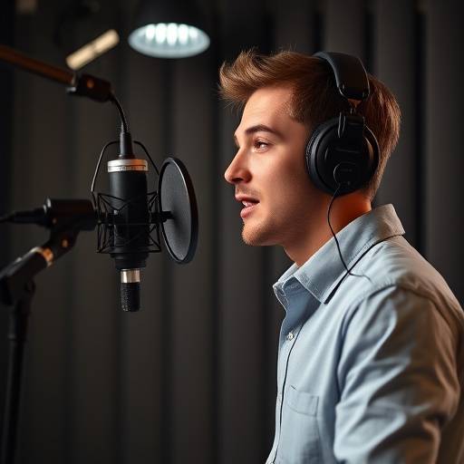 A person speaking into a microphone inside a professional voice-over recording booth.