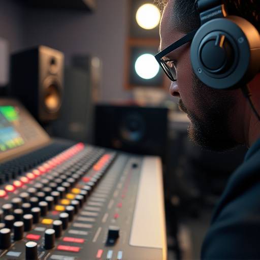 Close-up view of an audio engineer working at a large mixing console with numerous faders and knobs.
