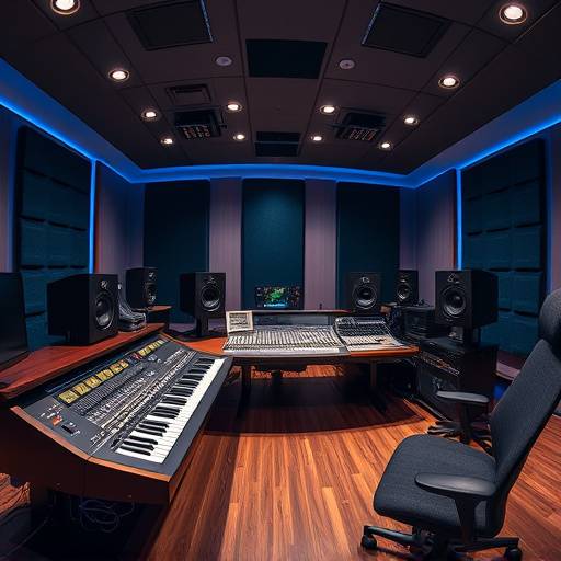 Panoramic view of the Aurora Sound Studios control room, showcasing the SSL console and Focal monitoring system.