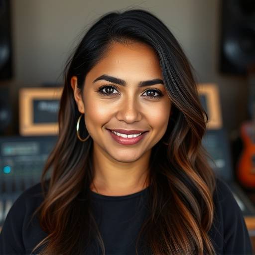Portrait of Ava Rodriguez, a mixing and mastering engineer at Aurora Sound Studios.