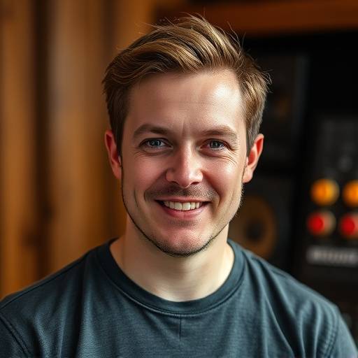 Portrait of Liam O'Connell, the founder and head engineer of Aurora Sound Studios.