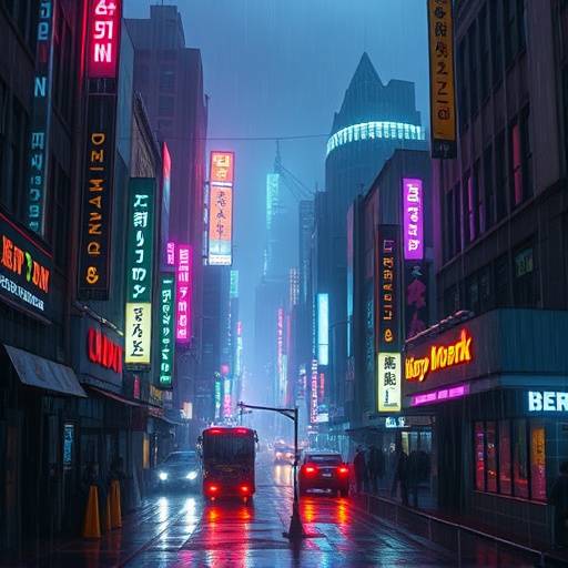 Screenshot from the video game 'Cyberpunk Renegade', showcasing a futuristic cityscape with dynamic sound effects.