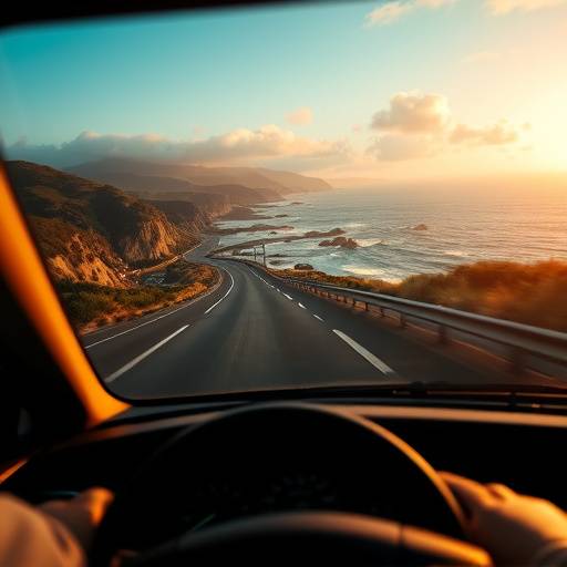 Still from a car commercial, showing a car driving on a scenic coastal road with dynamic engine sounds.