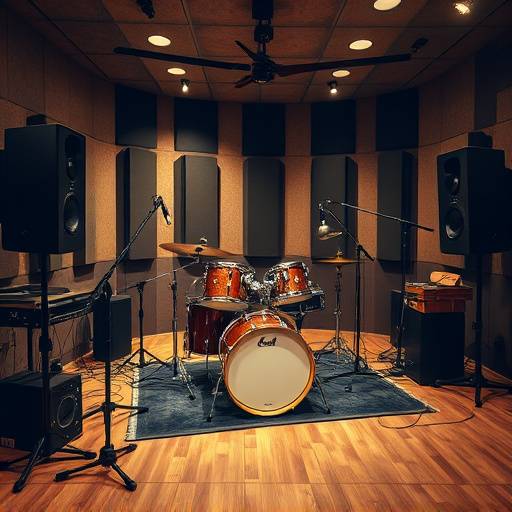 The live room at Aurora Sound Studios, set up for a drum recording session with various microphones and sound dampening panels.