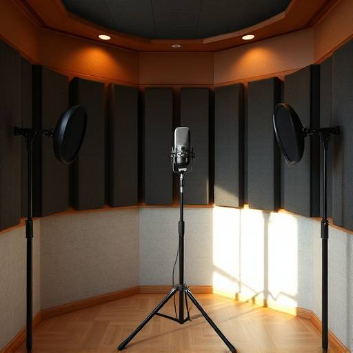 The vocal booth at Aurora Sound Studios, showing acoustic treatment and a microphone stand.